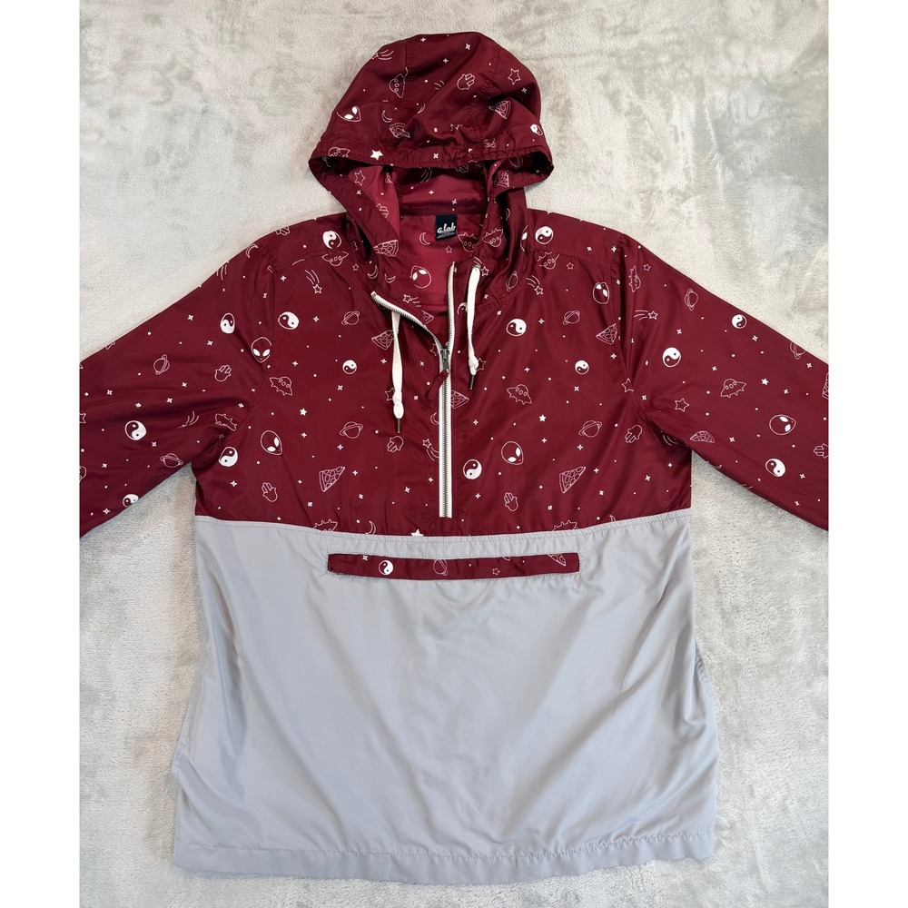 A-Lab Mens Anarok Windbreaker Jacket Alien Pizza Space Print Maroon Grey Large